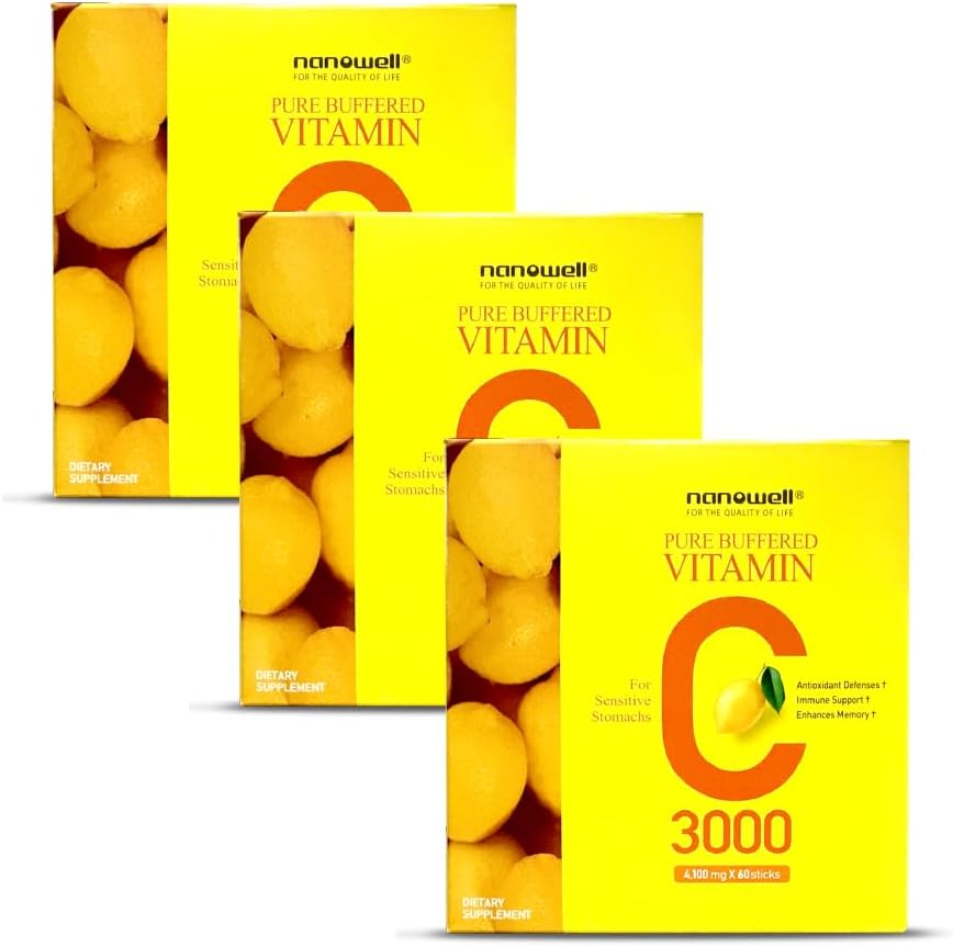 NANOWELL Pure Buffered Vitamin C 3000 mg na obrok, prehranska dopolnila za imuno podporo - 60 palic x 3 škatle, 6 mesecev dobave (180 Count)