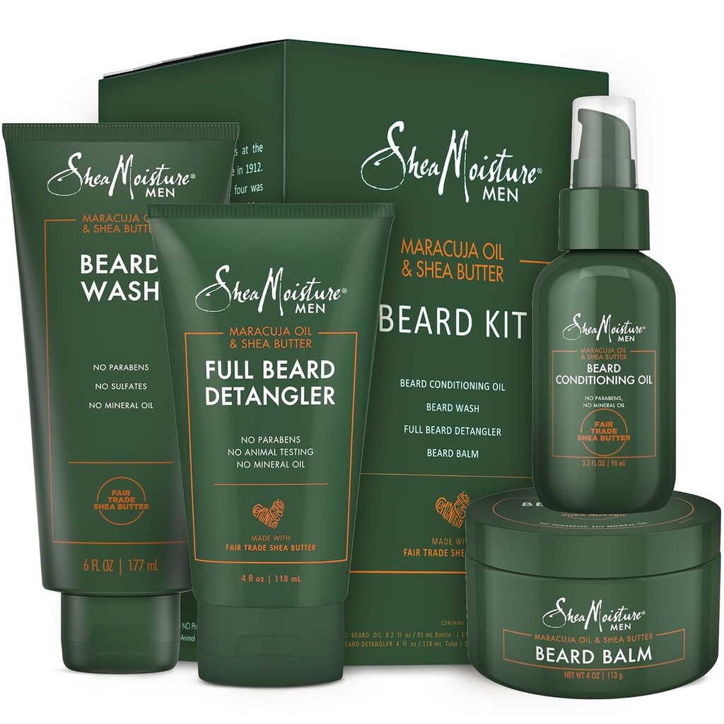 SheaMoistrure Beard-Care komplet za moške, vključuje pranje, balzam, olje, balzam, naravni karitejevo maslo in Maracuja olje, veliko darilo