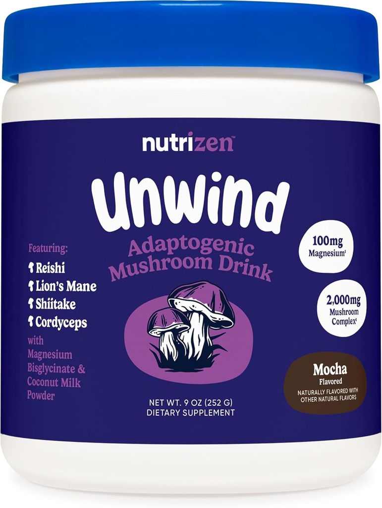 Nutricost Nutrizen PM Unwind Adaptogene gobe pijača (Mocha arome) 30 Servings - Vključuje Reishi, Levje Mane, Shiitake, Cordyceps