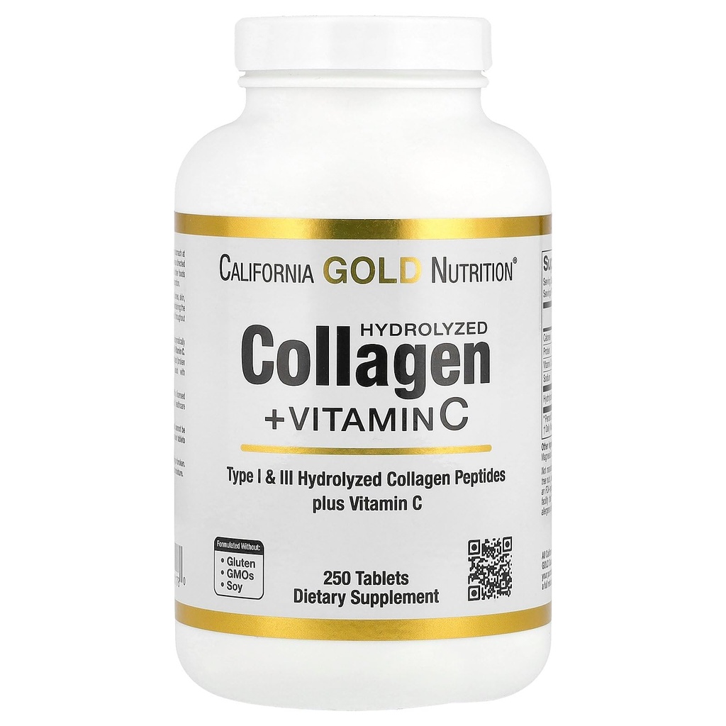California Gold Nutrition Hydrolyded Kolagen Peptides + Vitamin C Podpora za lase, kožo, nohte, sklepe, & kosti - Featuring Tip I & III Kolagen Peptides - Gluten Free, Non-GMO - 250 tablet