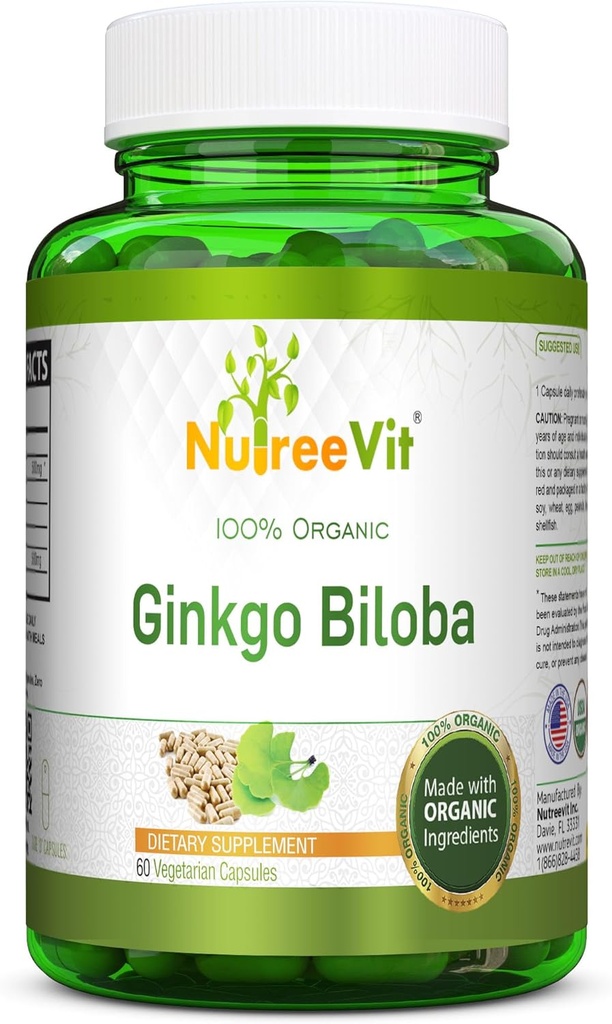 NutreeVit 100% Organic Ginkgo Biloba kapsule - podpira zdravje možganov, duševno budnost, kroženje, in poveča spomin - Organski antioksidant - 100 Count steklenica