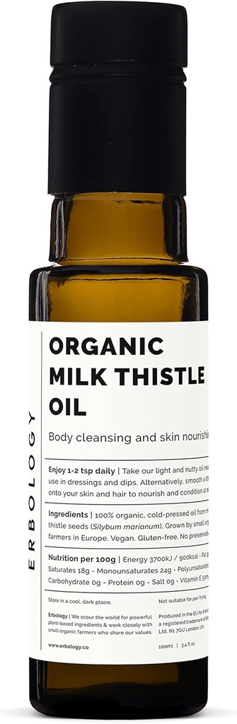 Erbologija Olje iz ekološkega mleka Thistle 3,4 fl - hladno dozorelo - visoko v vitaminu E - razstrupljanje - naravnost iz kmetije - ne GSO - brez dodatkov ali konzervansov - recikliranje steklenica