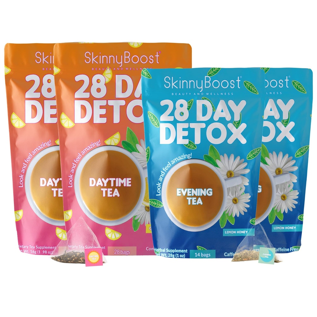 Skinny Boost Detox Tea Kit – 4 pakiranja – 2 dnevni čaji (56 vrečk) 2-večerni čaji (28 vrečk) – zeliščni detox za telesno maso, presnovo, energijo, napenjanje in čiščenje kolonij – zeleni čaj, vegan, keto, ne-GMO, sladkor brez