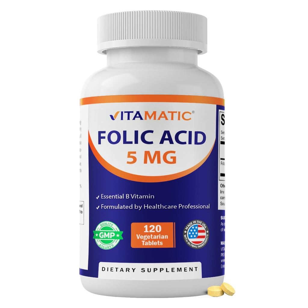Vitamatska folna kislina 5mg (5000 μg) – 120 vegetarijanske tablete Vitamin B9 (Folate) za celično zdravje, podporo srcu in predporodno nego