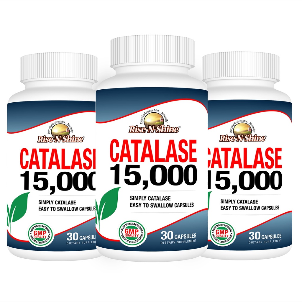 Rise-N-Shine Katalase dodatek 15.000 - Močen antioksidant Enzyme za zdravje las - Dodatki za lase za močne lase - 90 kapsul - Pakiranje po 3 steklenice polne velikosti (90-dnevno oskrbo)