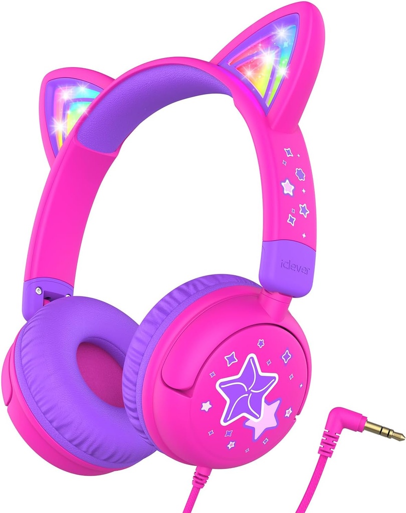 iClever Kids slušalke Cat uho, LED luč gor, 85dBA varno glasnost, Stereo zvok Toddler slušalke za potovalno šolo, Zmotljiv 3,5mm Wired otroci slušalke za iPad tablete, Meow Lollipop-Hot Pink