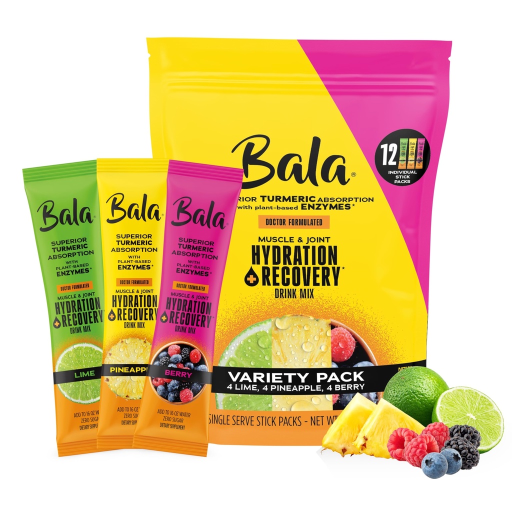 Bala Total Body Wellness Drink Mix, Hydrate & Recover Variety Pack, Pineapple, Lime & Berry, 4 Per Flavor, Zero Sugar Electrolytes Powder Packets with Enzymes & Amino Acids, Turmeric Drink, 12 Count