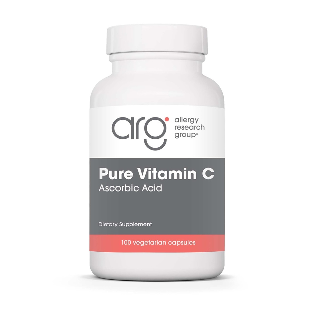 Alergija Raziskovalna skupina Pure Vitamin C dodatek - Askorbinska kislina, 1000mg Organski Vitamin C, Visoka moč, Nepoškodovana, Blaga kislost, Vegetarijanske kapsule - 100 Število