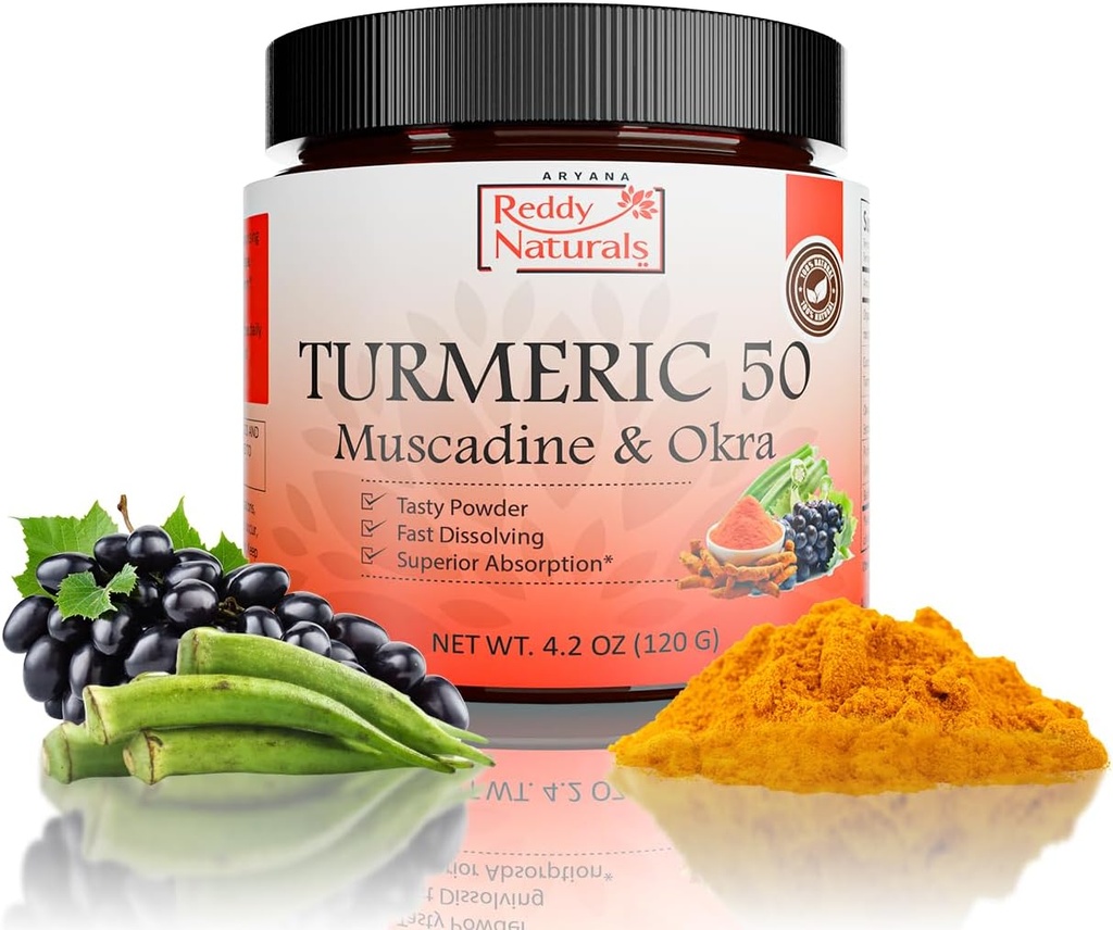 Reddy Naturals Ariana kurkuma 50 – organski kurkuma dodatek v prahu z muškatnim grozdjem in Okra – hitro raztapljanje, na rastlinah osnovana formula za dnevno dobro počutje – 30 Serving