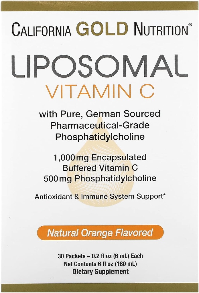 Liposomski vitamin C po California Gold Nutrition - Tekoči dodatek za antioksidant in imuno podporo - Vegan prijazno - Gluten Free, Non-GMO - 1000 mg - 30 Paketov - Natural Orange Flavor