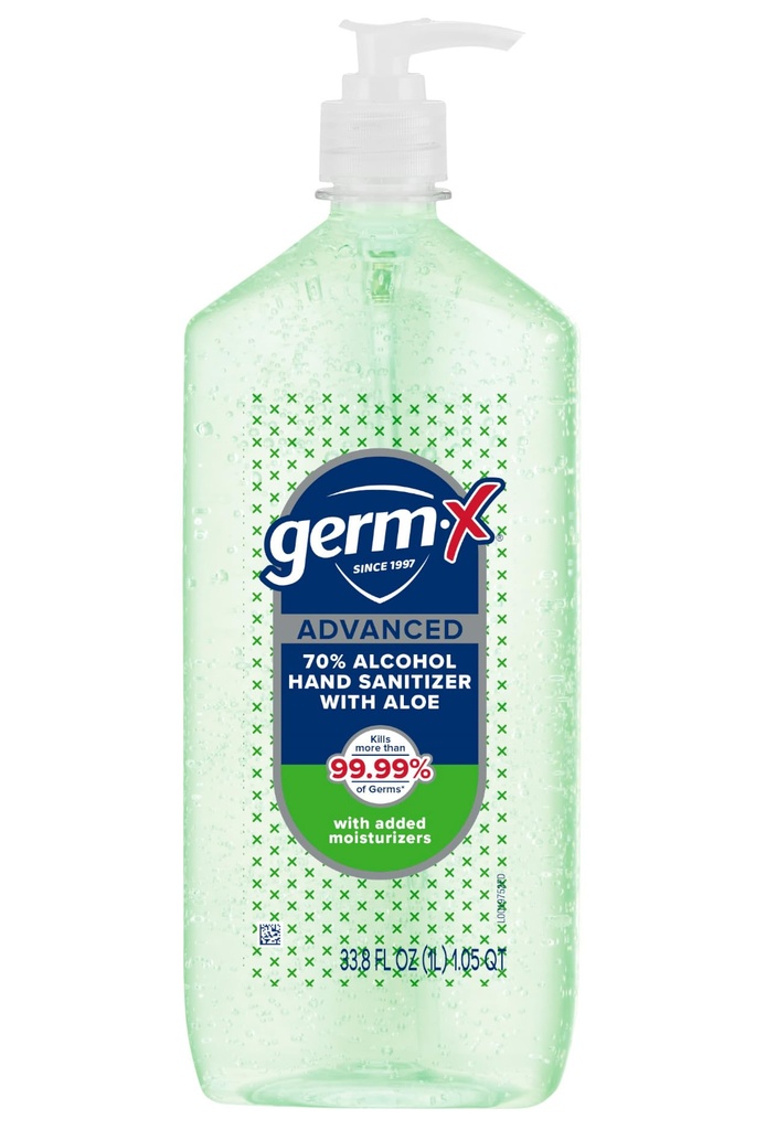 Germ-X Advanced Hand Sanitizer z Aloe in vitaminom E, Ne-Drying Vlažilni Gel, Instant in brez Rinse Formula, Črpalka steklenica, Nazaj na šolske potrebščine, 1 Liter