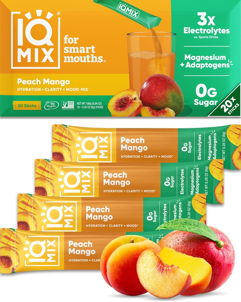 IQMIX Hidracija Elektrolitni prašek – 4-v-1 Formula za hidracijo, mentalno jasnost, razpoloženje in regeneracijo – mešanica brez sladkorja, keto, magnezijev L-treonat, levja griva – 20 Count Peach Mango