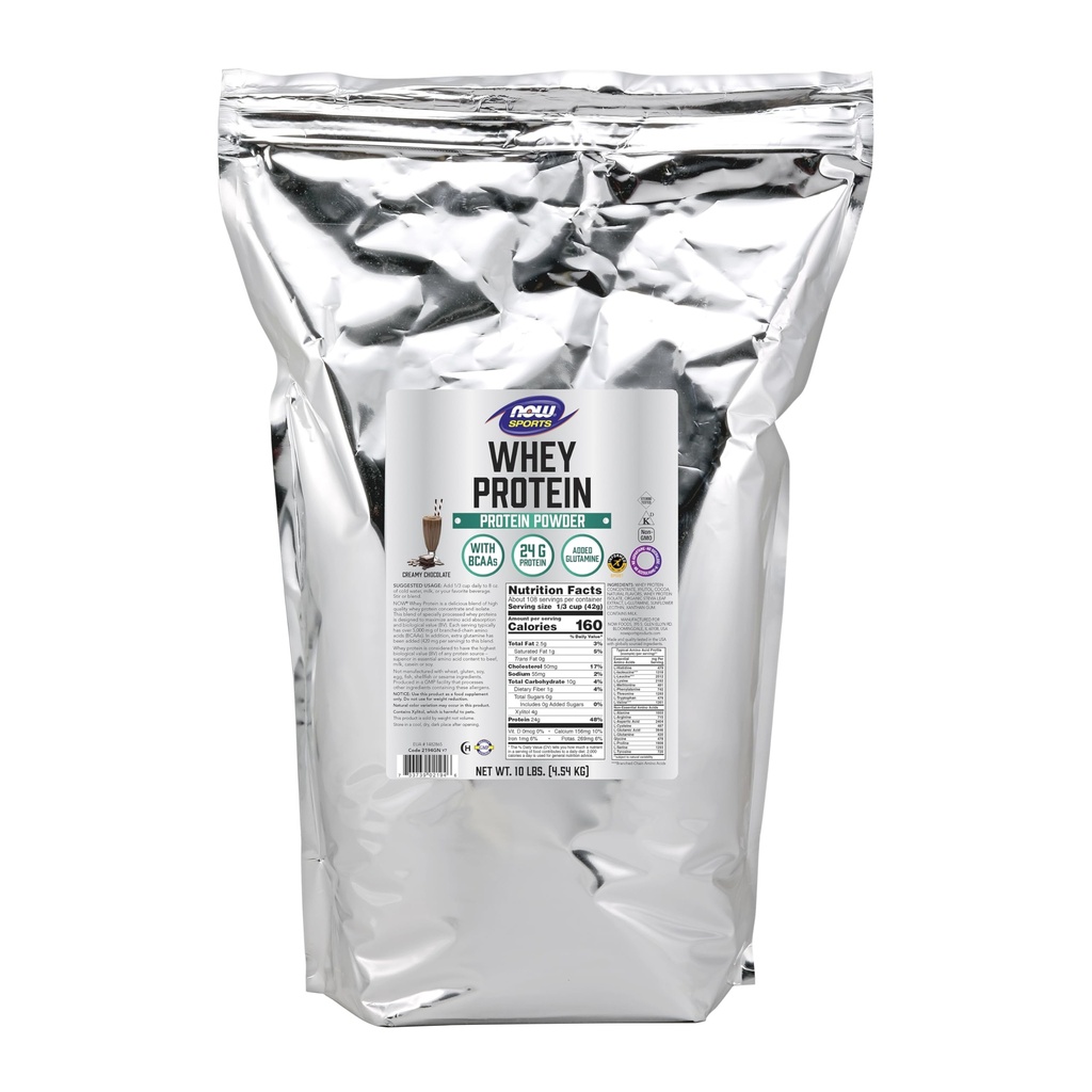 NOW Foods Sports Nutrition, Whey Protein, 24 g Z BCAA, Creamy Chocolate Powder, 10-pound