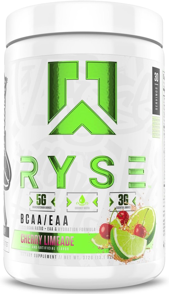 RYSE BCAA EAA v prahu - Cherry Limeade - 5g razvejane verige aminokislin, 3g esencialne aminokisline, brez sladkorja elektroliti za pred in po vadbeno obnovo mišic, hidracijo in moč - 30 strežnikov