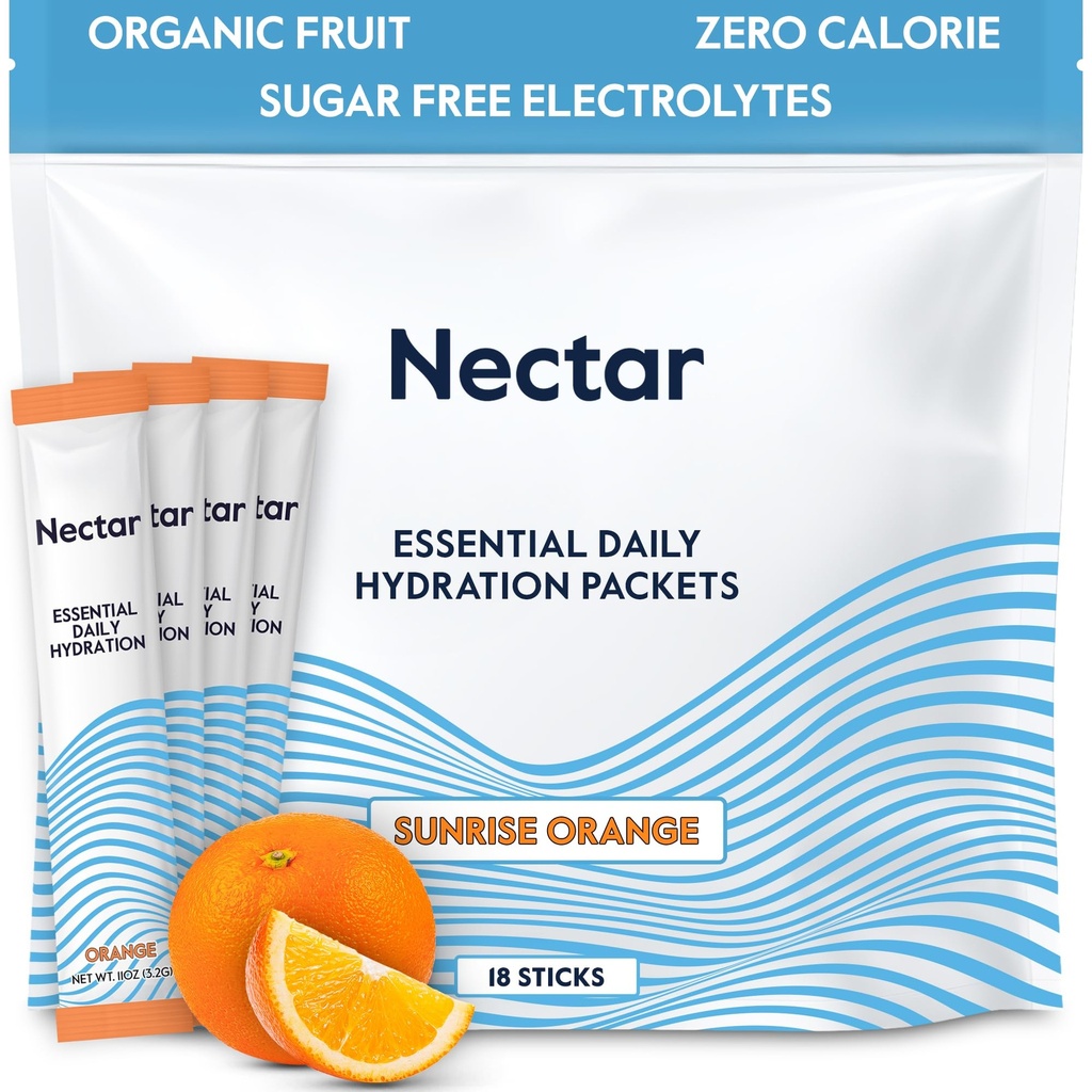 Nectar Hydration Packets – Elektrolitski paketi v prahu – brez sladkorja ali kalorij – Tekoči organski sadeži na dan IV Elektroliti Prašek za dehidracijo in hitro rehidracijo (Pakiranje Orange 18)