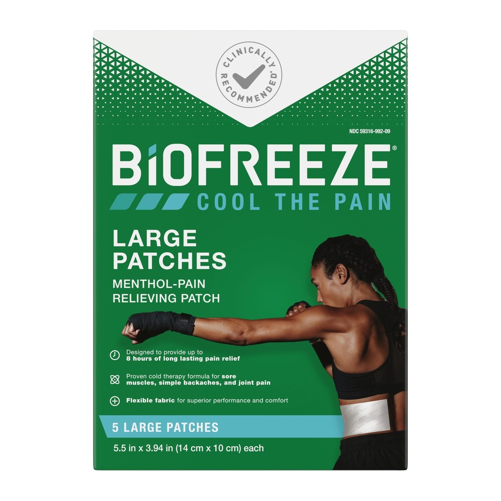 Biofreeze Velika bolečina Relief obliži, Mentol bolečine obliži za spodnji hrbet, vratu, kolena, & ramena, Udobno in prilagodljivo tkanine ostane v mestu, FSA upravičen, 5 ct