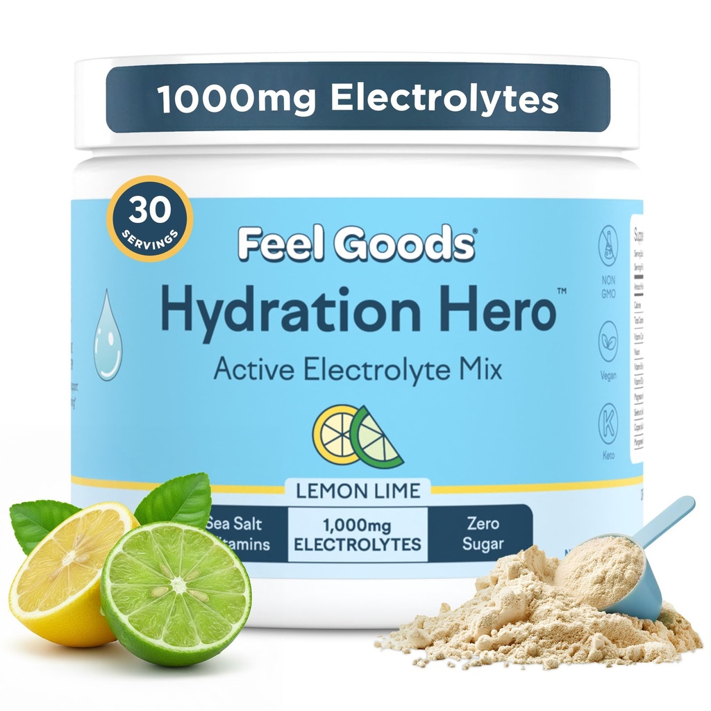 Feel Goods Hidracija Hero, 1.000mg Elektroliti v prahu, brez sladkorja, magnezij, organska Aloe Vera, organska Aloe, L Theanin, Vitamin C & B12, Ne GSO, Keto, Vegan 