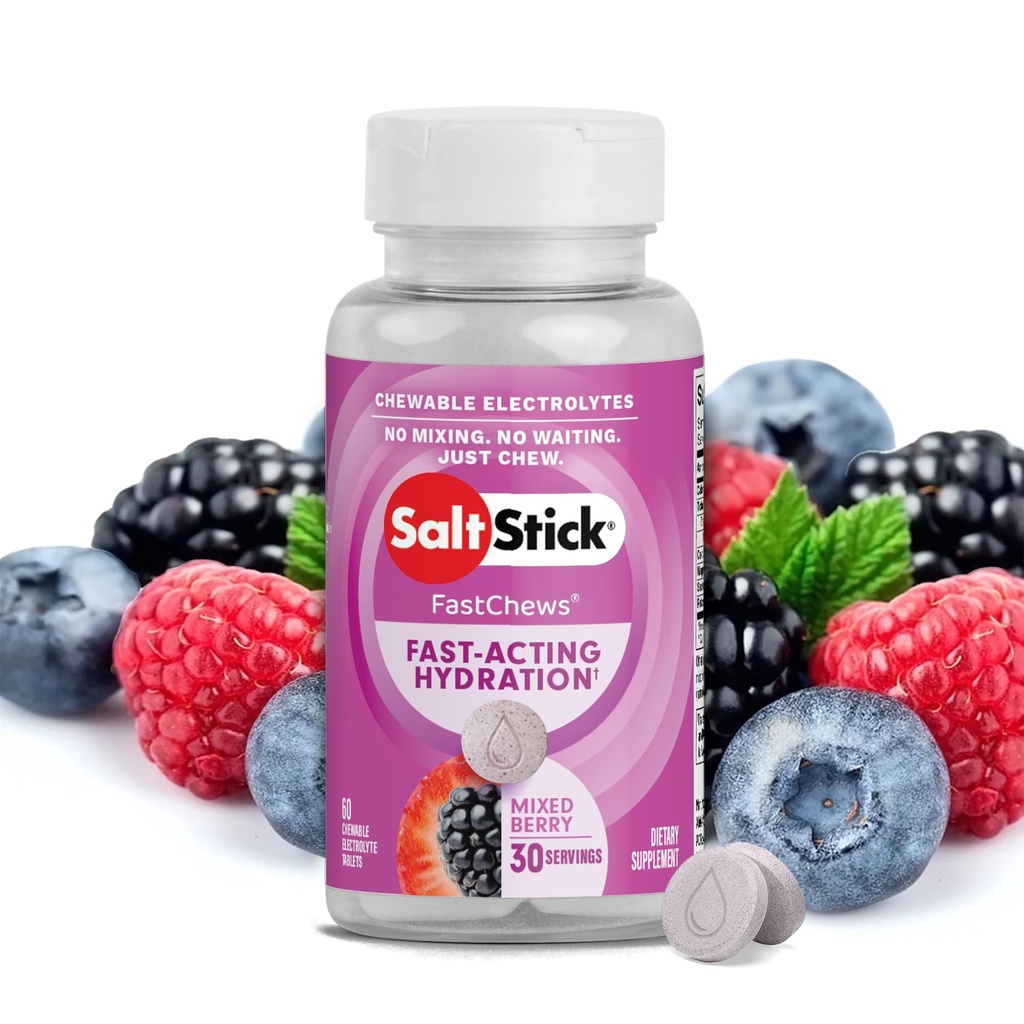 SaltStick Electrolyte FastChews - 60 mešanih žvečljivih elektrolitov iz jagod - Sol tablete za tek in hidracijo, elektrolitske žvečilke - 60 Število