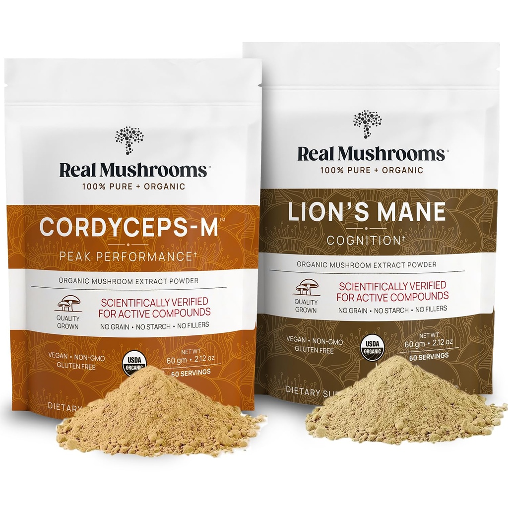 Levi Mane (60g) in Cordyceps (60g) Ekstrakt gobe Powder Bunde - Gobe dodatek za kognicijo, energijo in vzdržljivost