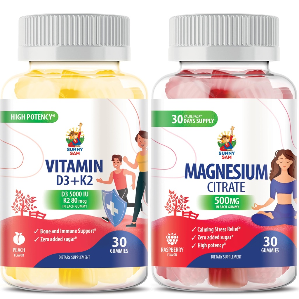 Magnezij Gumiji za otroke in odrasle - 500mg in vitamin D3 K2 Gumies 5000 i.e. Mirni magnezijevi žveči - Magnezijev citrat žvečljivi dodatek za Mood & Mišična podpora