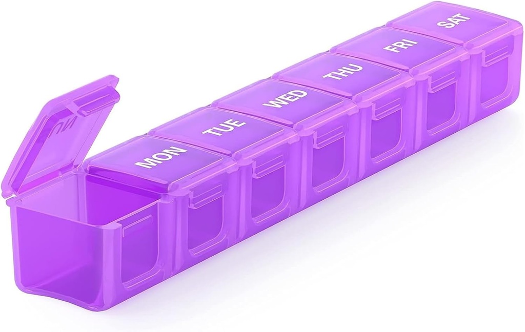 Sukuos Extra velike tedenske tablete Organizator, 7 Day Daily Pill Box Primer Artritis prijazen, Silkcreen Printed Medicine Container s Clear Lid za vitamine, ribje olje ali dodatki (Purple)