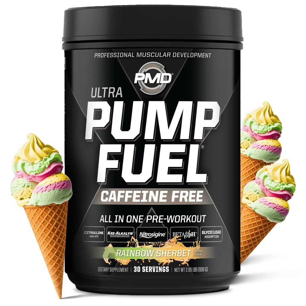 PMD športna črpalka Ultra Caffeine Free - Premium Preworkout Powder & Muscle Pump, večji poudarek, vzdržljivost in regeneracija, Premium Creatine, Arginin & Beta Alanine - Mavrični šerbet (30 strežb)
