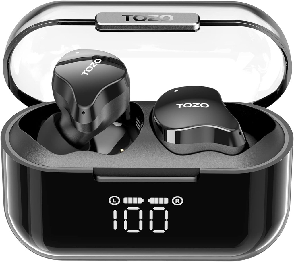 TOZO T18 Brezžične slušalke Bluetooth slušalke 5.3, IPX8 Vodoodporni ušesni Budi, 4 Mic Clear Call Dolga igra z LED digitalni zaslon Polnjenje primeru, Stereo Bass zvok 32 Prilagojena EQ preko APP