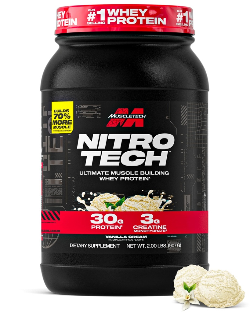 Muscletech Whey Protein Powder (Vanilla Cream, 2.2 Pound) - Nitro-Tech Ultimate Muscle Building Formula z izolatom sirotkinih beljakovin - 30g beljakovin, 3g kreatina in 6,8g BCAA - pakiranje maj Vary
