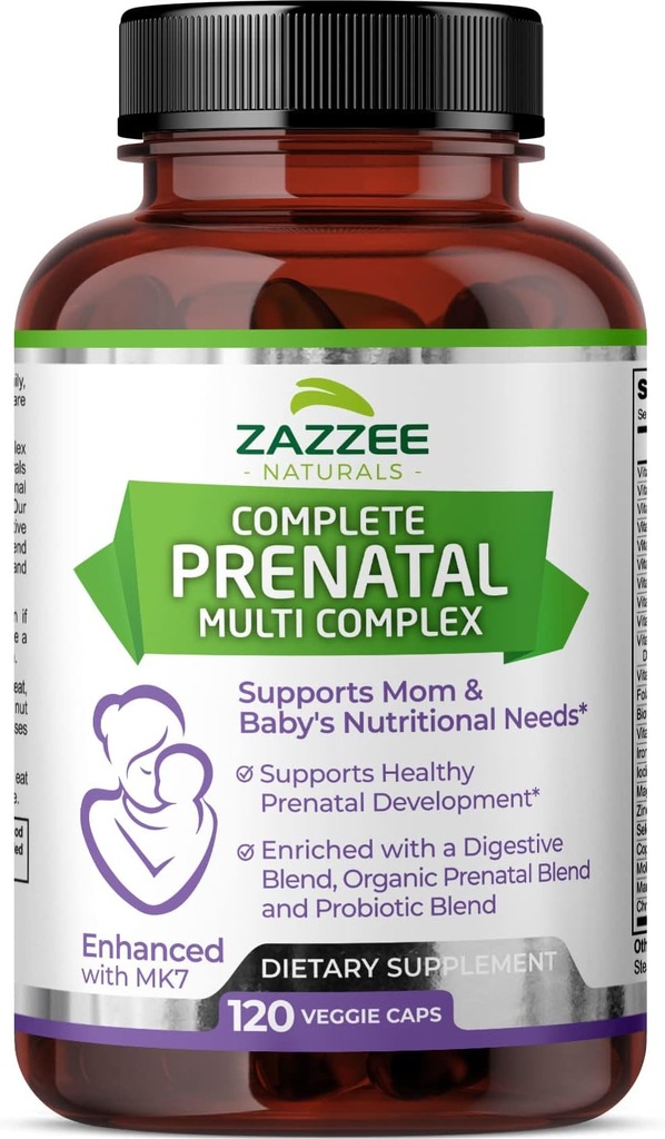 Zazzee Extra Strength Complete Prenatal Multi Complex, 120 Veganske kapsule, 2 meseca zaloga, 23 Essential Vitamins & Minerals, MK7, 10 milijard CFU probiotiki, Prednatal Enzymes, Organic Herbal Mešanica
