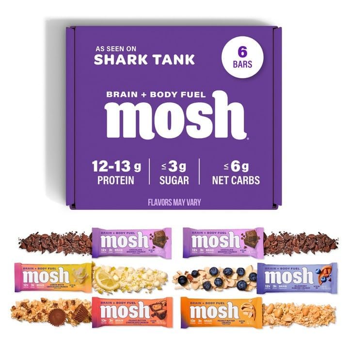 MOSH varietete Pack Keto Protein Bars, High Fiber, Low Carb, Gluten Free, High Protein, Brain Healthy Prigrizek z Ashwagandha, Lion's Mane, 6 grof