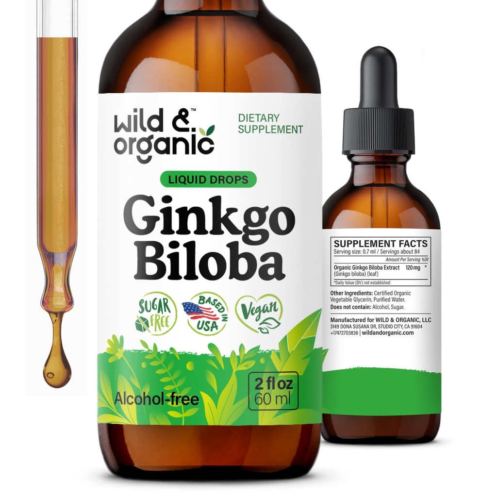 Wild & Organic Ginkgo Biloba Tinkture - Brain & Fokus Podpora z Ginkgo Leaf dodatek - Vegan, Sladkor & Alkohol brez zeliščnega ekstrakta Tinkture - 2 fl oz