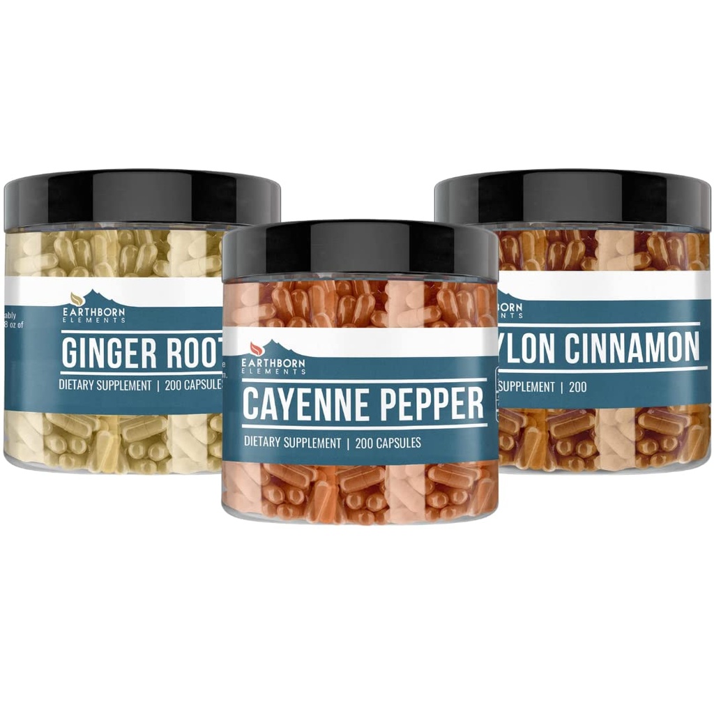 Elementi, rojeni po zemlji Cayenne Pepper, Ceylon Cinnamon & Ginger Root Bundle (200 kapsul vsak), čisti in nerazredčeni, brez dodatkov