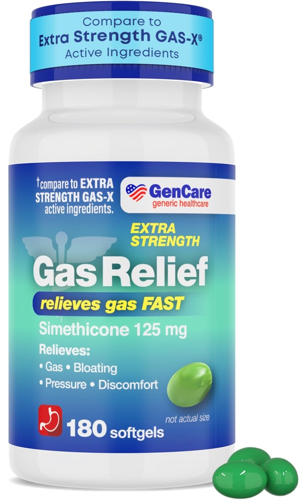 GenCare - Extra Strength Gas Relief Simeticone 125mg (180 Softgels) Največja moč proti plinskim tabletam za blaženje, pritisk in nelagodje - Primerjajte z Generic Extra Močan plin X