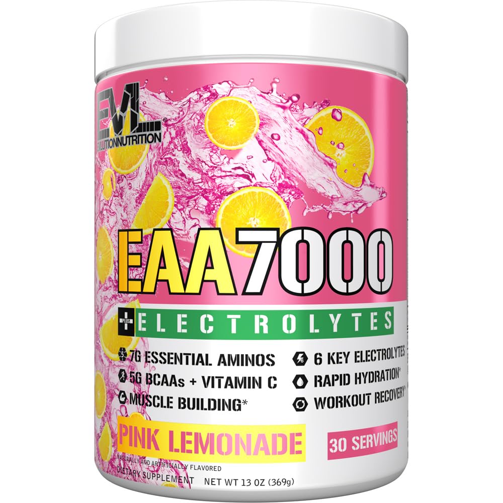 Evlucijska prehrana EAA7000 + Elektroliti - Pre & Post Wordout Powder - Muscle Building + Recovery Supplement - 7g EAAs + 5g BCAA + 6 Ključni elektroliti - hitra hidracija - 30 Servis - Roza limonada