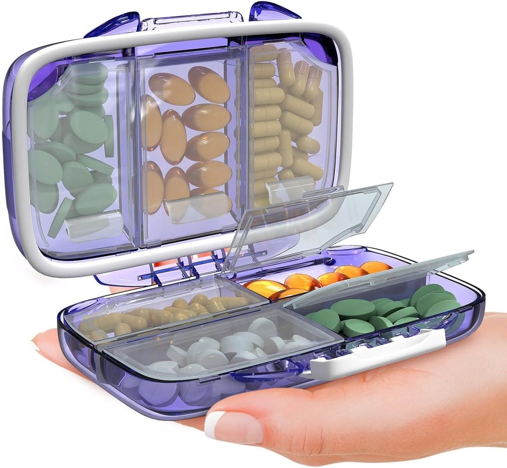 Potovalne tablete Organizator - Vlažilni dokaz Prenosni Vitamin imetnik s 7 predelki, Kompaktna dopolnila Primer za Purse Essential Medicine Kit fot Potovanja Pocket Lekarna z nalepkami, Purple