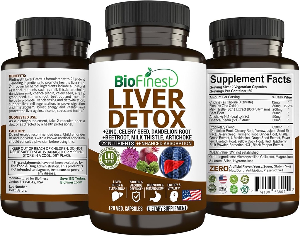 BioFinest Jetra Detox dodatek - 22 Nutrients Mleko Thistle Artichoke Celery Seed Chanca Piedra Beet Root Dandelion Ingver - Alkohol Čista energija Presnovna snov (120 Veg. Kapsule)
