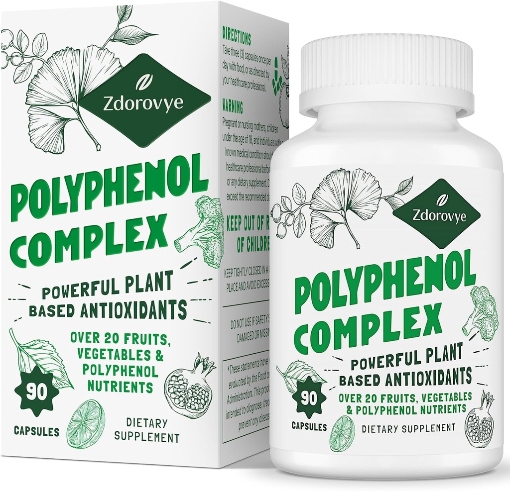 20-v-1 polifenoli dodatek več kot 20 Sadje, zelenjava in polifenoli, Močni antioksidanti, Quercetin, Resveratrol, Kurkuma, Zeleni čaj, Polifenoli za obrambo starosti, energetika in imunski, 90 kapsul