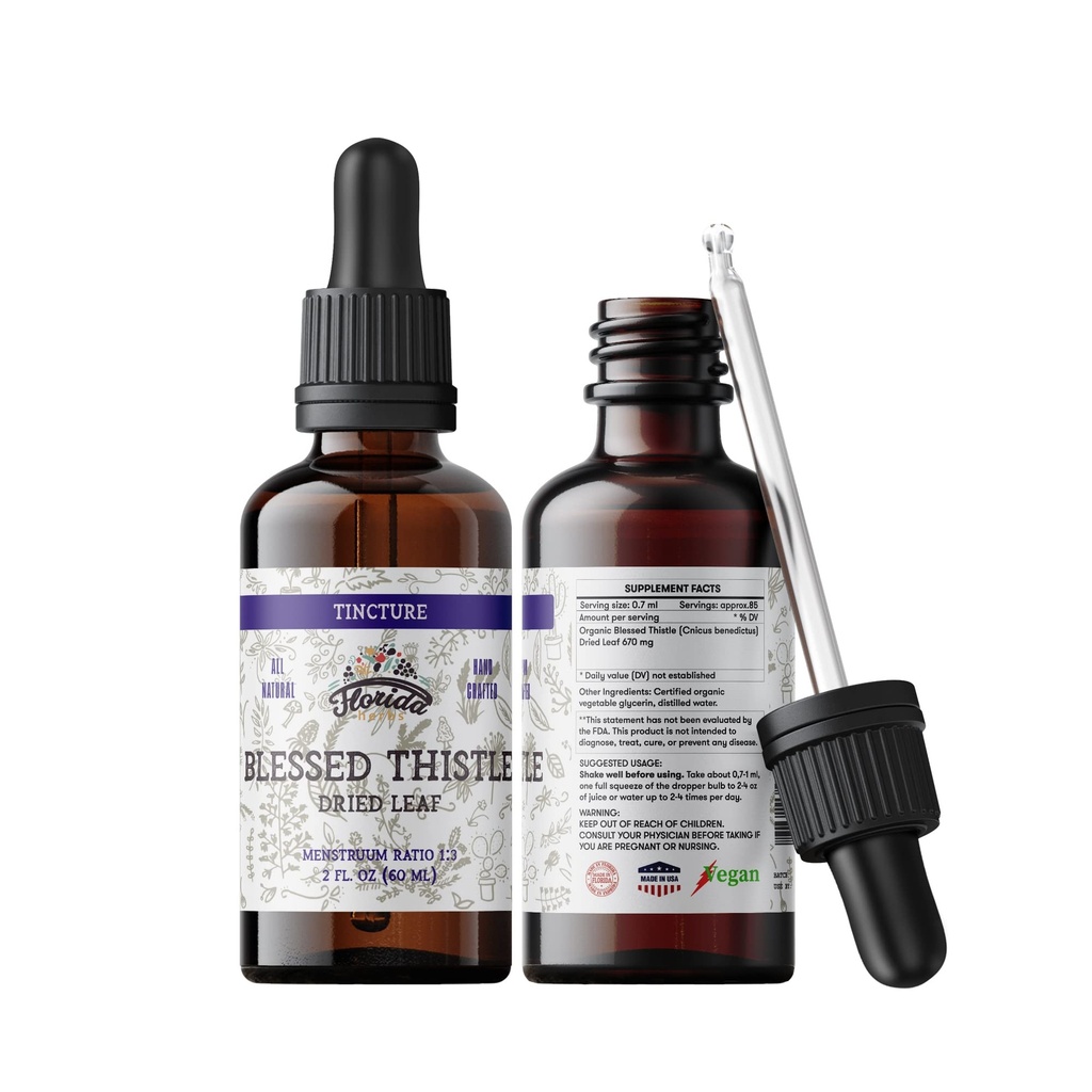 Blaženi tinkturni tinkturi, organsko blaženi izvleček osliča (Cnicus benedictus) Zeliščni dodatek, ne-GMO v hladno pripravljeni organski zelenjavni glicerin, 700 mg, 2 oz (60 ml)