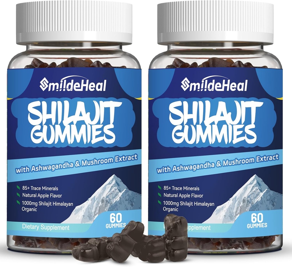 Shilajit Gummies 1000 MG, Organic Shilajit Supplement, 85+ Trace Minerals, z Ashwagandha, Gobe - Energija, Možgani, Podpora imunitete, za moške in ženske - 120 grof