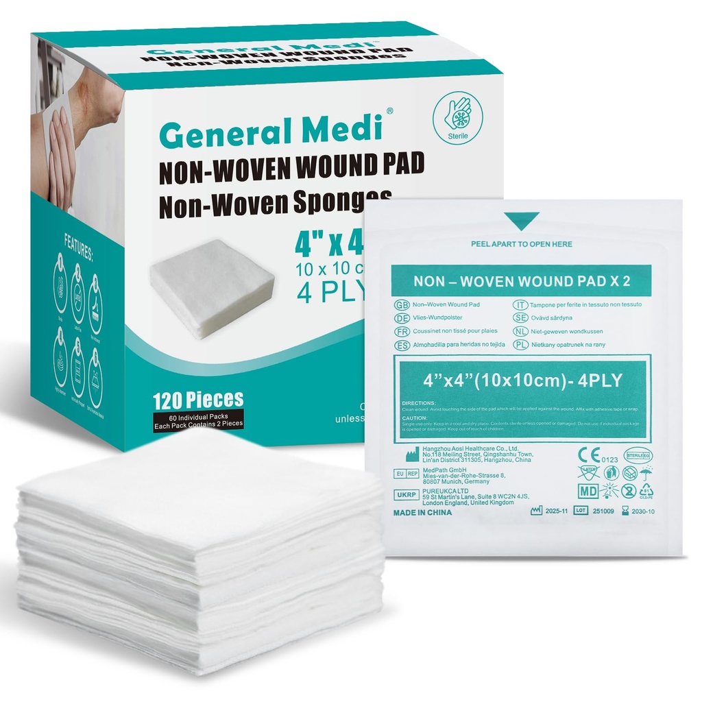 General Medi Sterile Gaze Sponges, 4" x 4" Non-Woven Rane Pads - individualno zaviti visoko Absorbent Sponges Pads za umirjanje manjših ran, cuts & Burns Raund Care (60 paketov, 120 kosov skupaj)