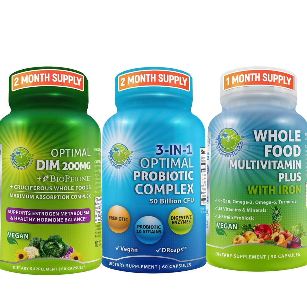 Hormonsko ravnovesje in prebavne zdravstvene trio – DIM 200mg z BioPerine® & Crucifer Veggies + 3-v-1 Probiotik s prebiotiko in encimi + Cela hrana Multivitamin z železom – Veganska Wellness Podpora