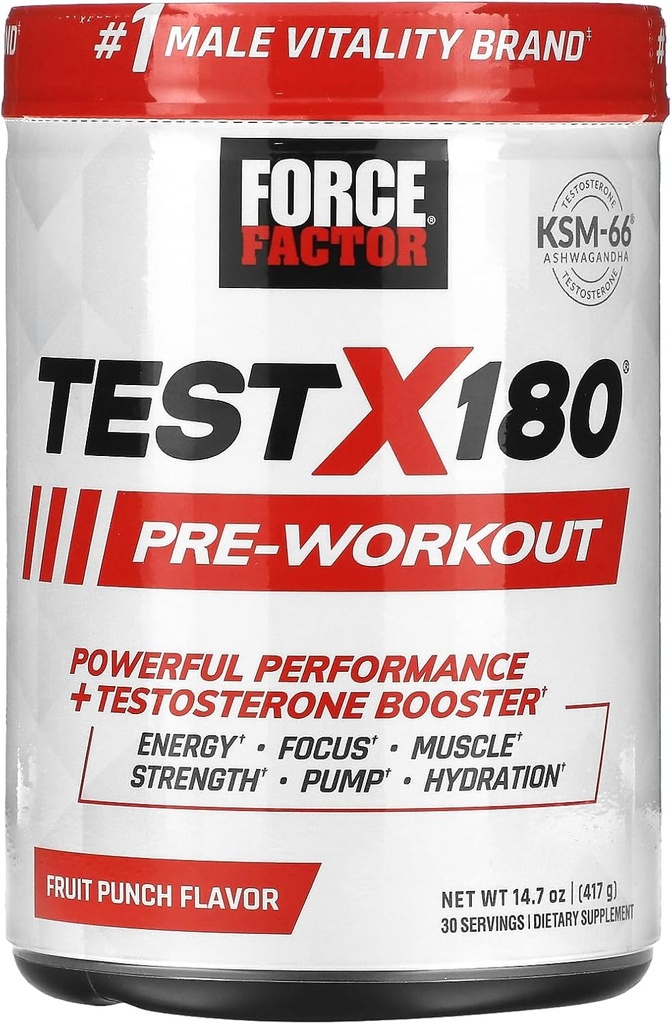 Test FORCE FACTOR X180 Predworkout Powder & Energy Supplement, Boost Focus & vzdržljivost, Gradite mišice in moč, dušikov oksid dopolnilo z Ashwagandaha & L-Citrullin, Sadni Punch, 30 Servinges