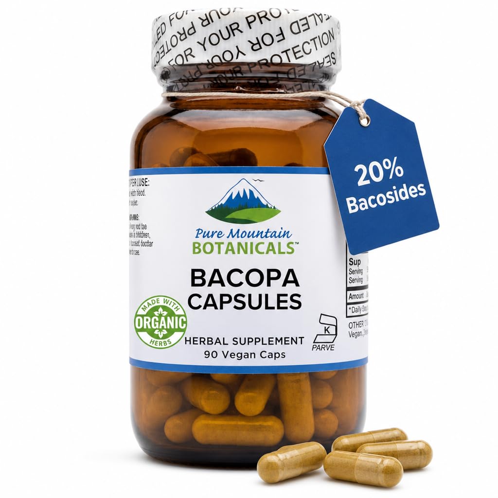 Čisti gorski botaniki Bacopa Monnieri Kapsule - Veganske kapice z organsko Bacopa & Standardizirani Bacopa Extract dodatek