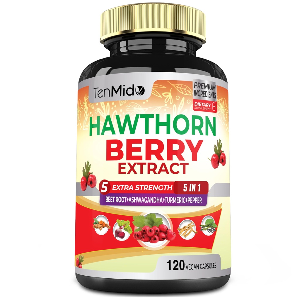Hawthorn Berry Supplement Extract kapsule - 120 Veganske kapsule za 4 mesece - kombinirane korenine sladkorne pese, Ashwagandha, kurkumin in črni poper