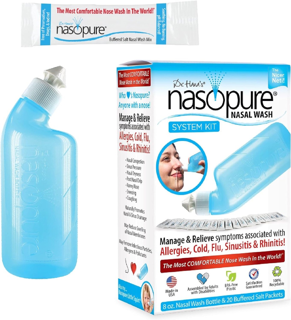 Nazopure Nazal Wash, System Kit, “Nicer Neti Pot” Sinus Wash Kit, Udobno nosna cev 8 Oz Steklenica & 20 Sol Packets (3,75 Grams vsak), Nasal Congestion, hladno, gripa, alergija, Nazal namakanje