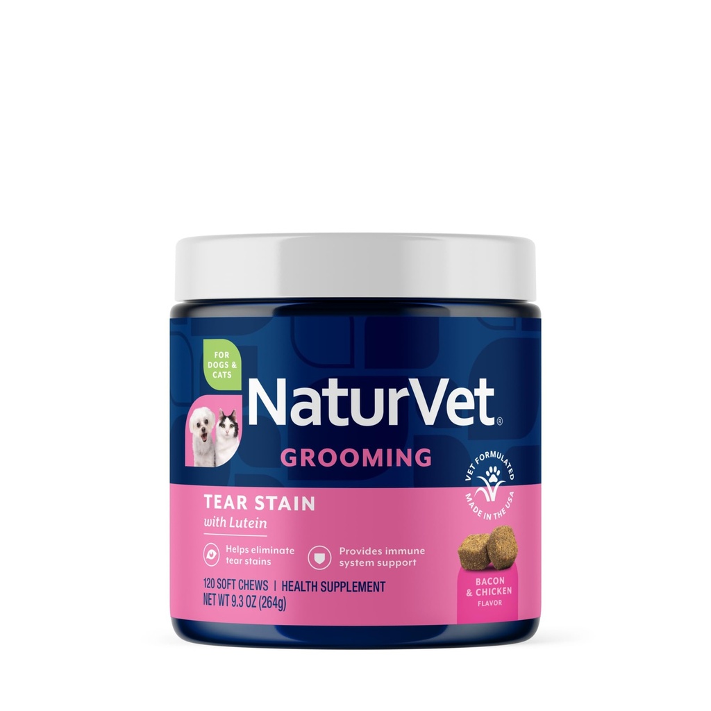 NaturVet Lutein Tear Stain Supplements za pse in mačke – Prepreči odrgnine za pse, pasme mačk – Vključuje Oregon Grozdje koren, Marshmallow koren, Cranberry Extract – 120 Ct.