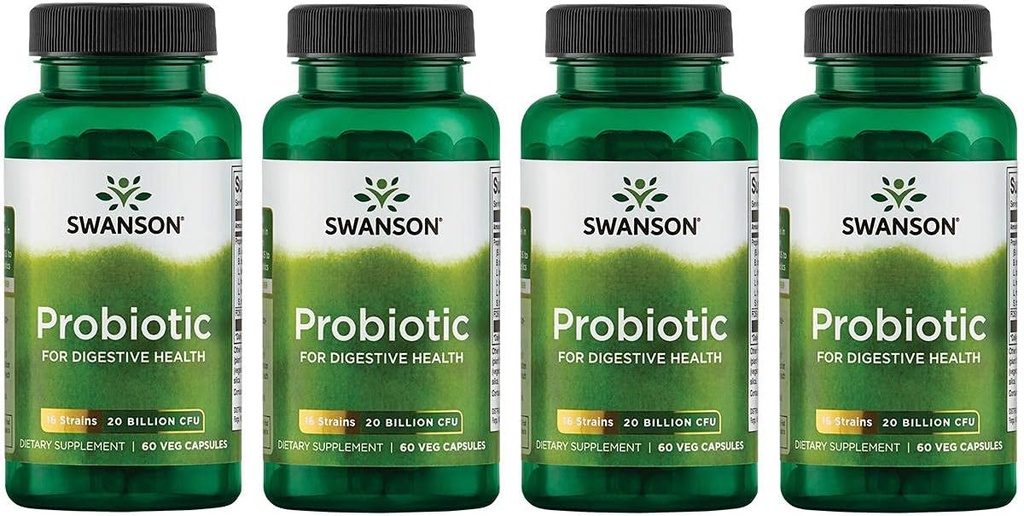 Swanson Probiotic za digestiv GI Tract Imunska podpora Potniki Podpora 20 milijard CFU s prebiotično FOS 60 Veggie kapsule (4 pakiranja)