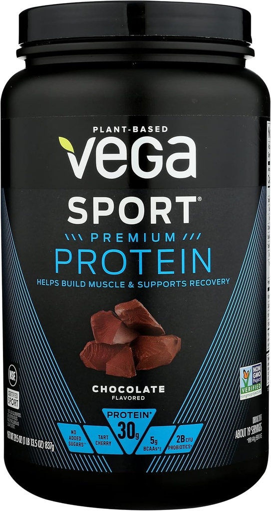 Vega Sport Premium Protein Powder, Čokolada, Vegan, 30g Proteini na osnovi rastlin, 5g BCAA, Nizki ogljikovi hidrati, Brez sladkorja, Keto, Mlečni izdelki, Brez glutena in brez GMO, Pea Proteini za ženske in moške, 29,5 Oz