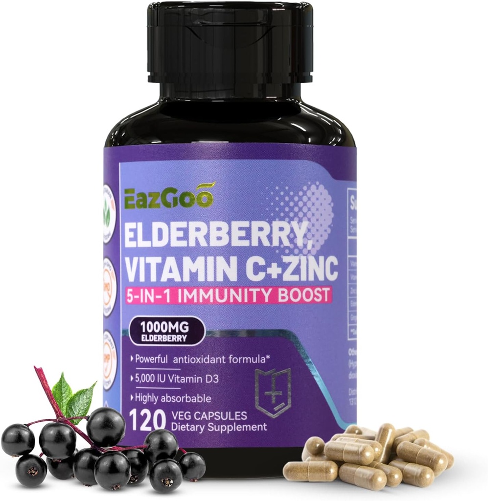 Sambucus Bezgove jagode z cinkom in vitaminom C - 5 v 1 Imunska podpora, Ne-GMO, 120 Vegetarijanske kapsule, 2 meseca dobave