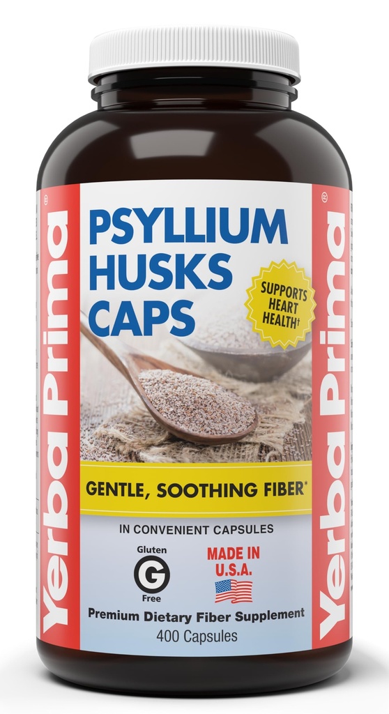 Yerba Prima Psyllium Husks Caps, 625 mg, 400 Kapsule - Naravna vlaknina za moške in ženske - regularnost dodatek